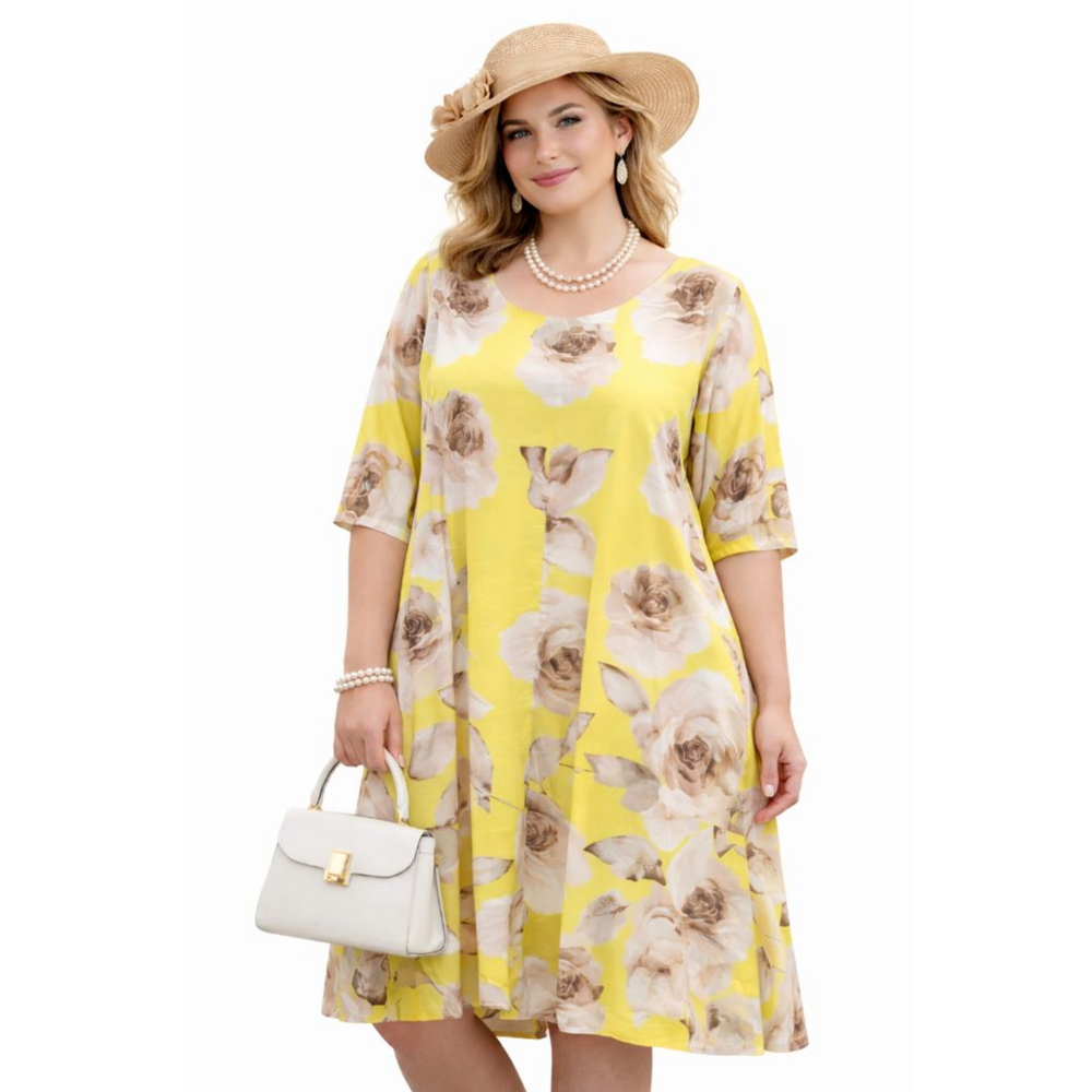 eShakti Custom Yellow Floral Swing Dress | Pockets | Lined | Plus Size - Picture 4 of 11
